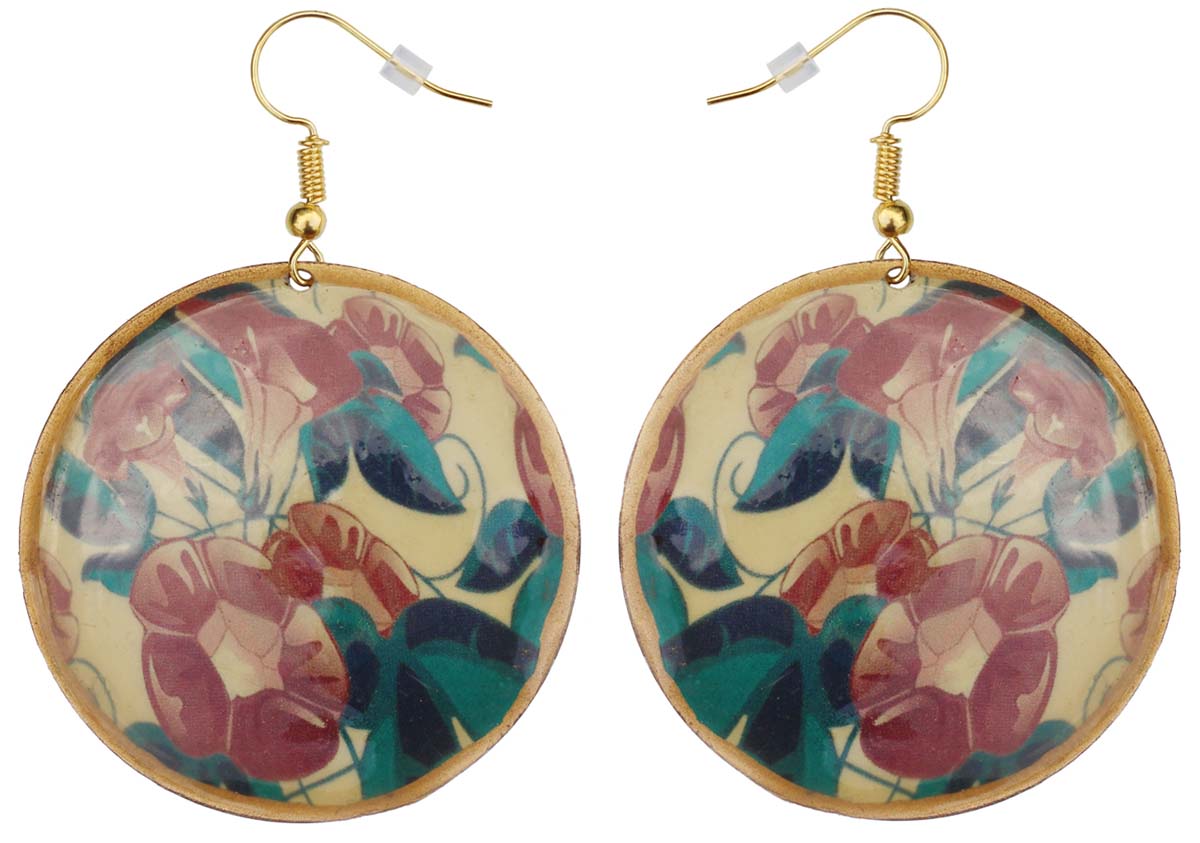 Pair of Round Hook Earrings in Brass - 2.5” Colorful Floral Pattern - Drop Earrings / Women Fashion Jewelry - Buy in Bulk Wholesale